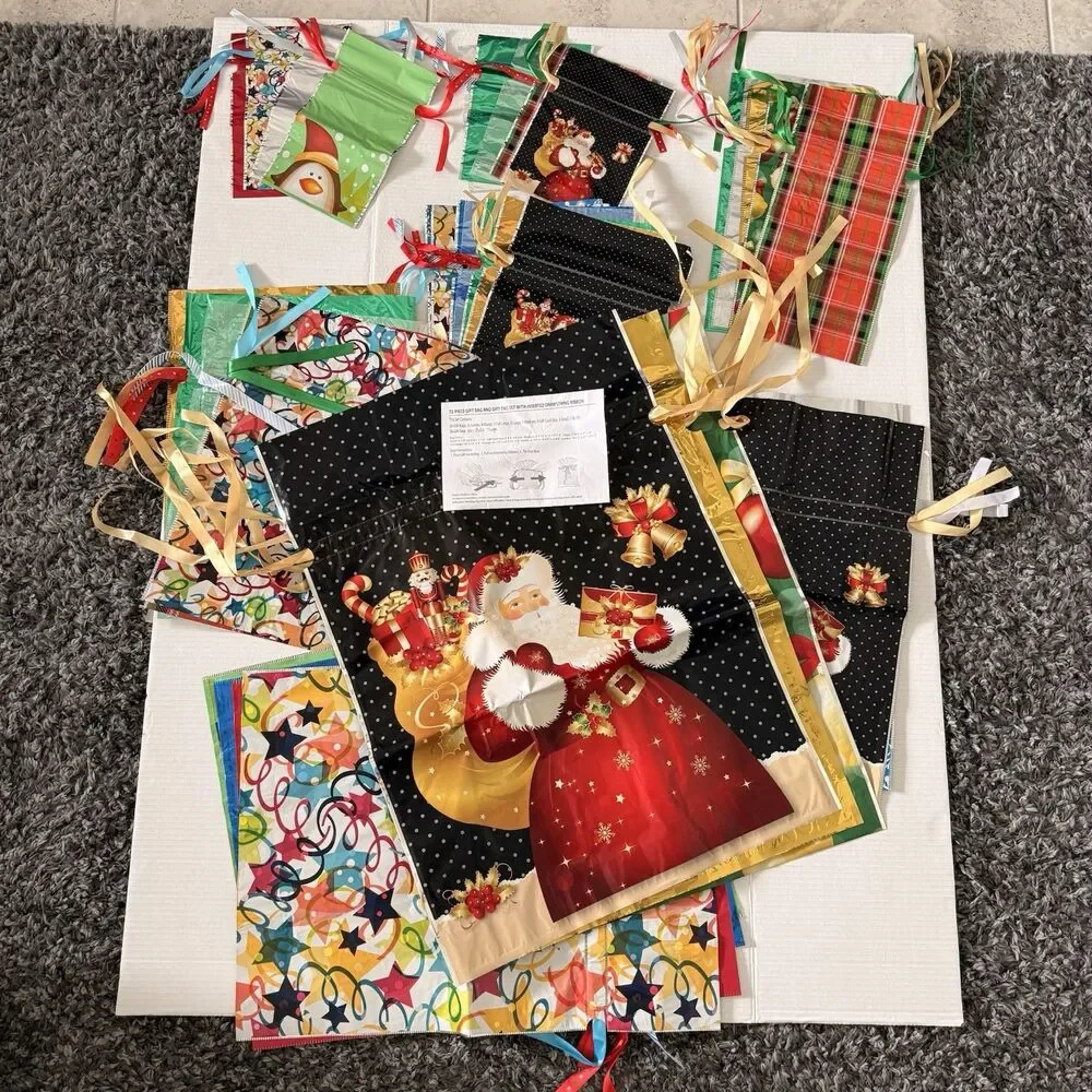 Christmas Gift Bags Lot 36 Pc Assorted Sizes Drawstring Ribbon No Tags Holiday